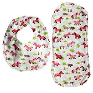 Hand Crafted Newborn Baby Bib and Burp Cloth Gift Set Pink Pony Print